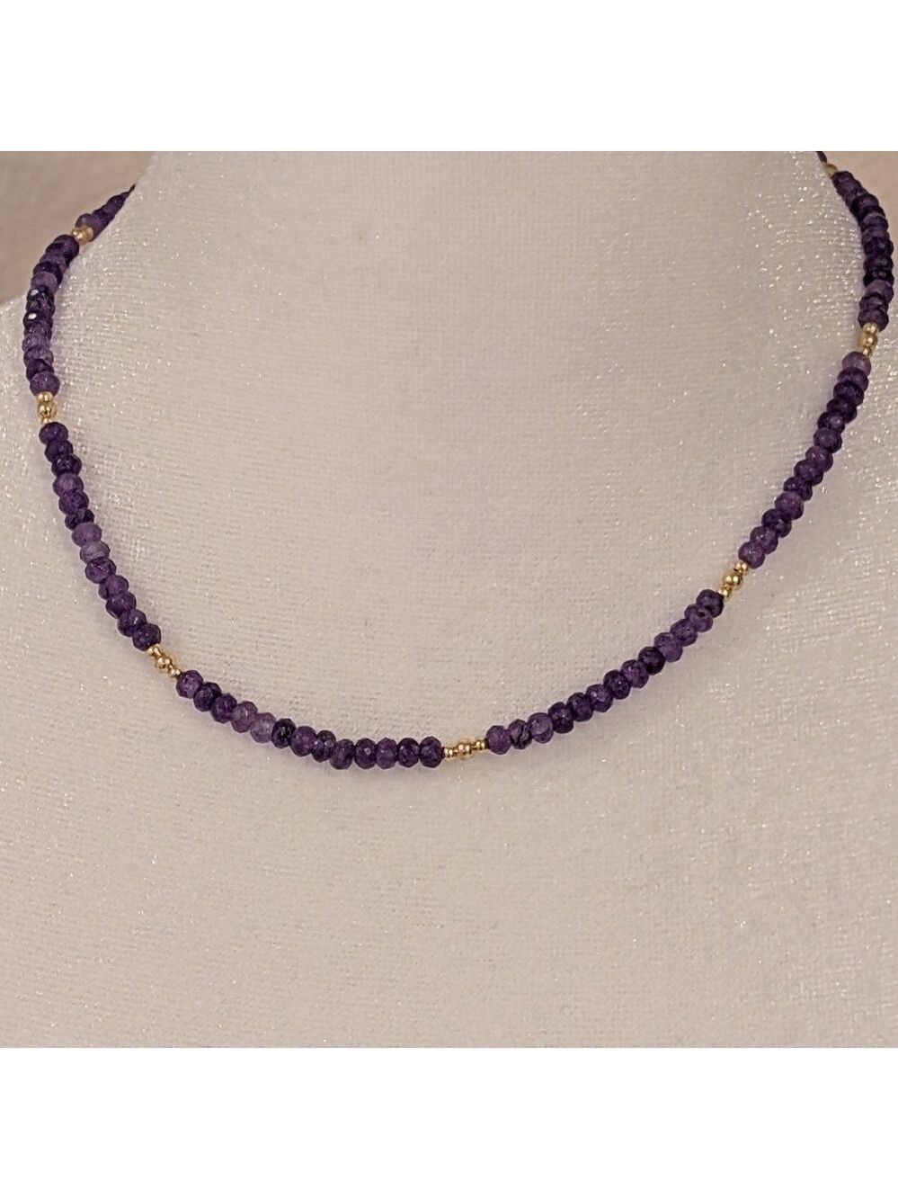Amethyst Beaded Necklace  Choker with Gold Accents , French Design,HandMade ,New